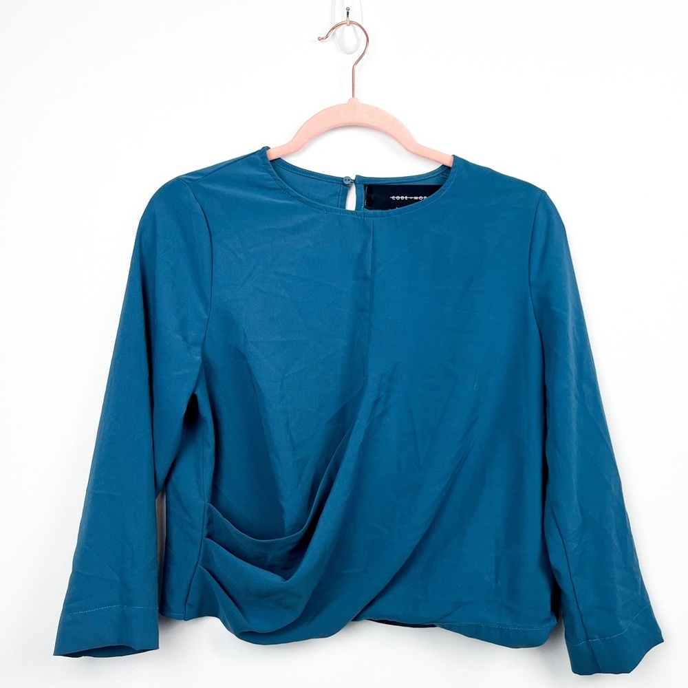 Code x Mode Blue Long-Sleeve Drape Front Keyhole Back Blouse